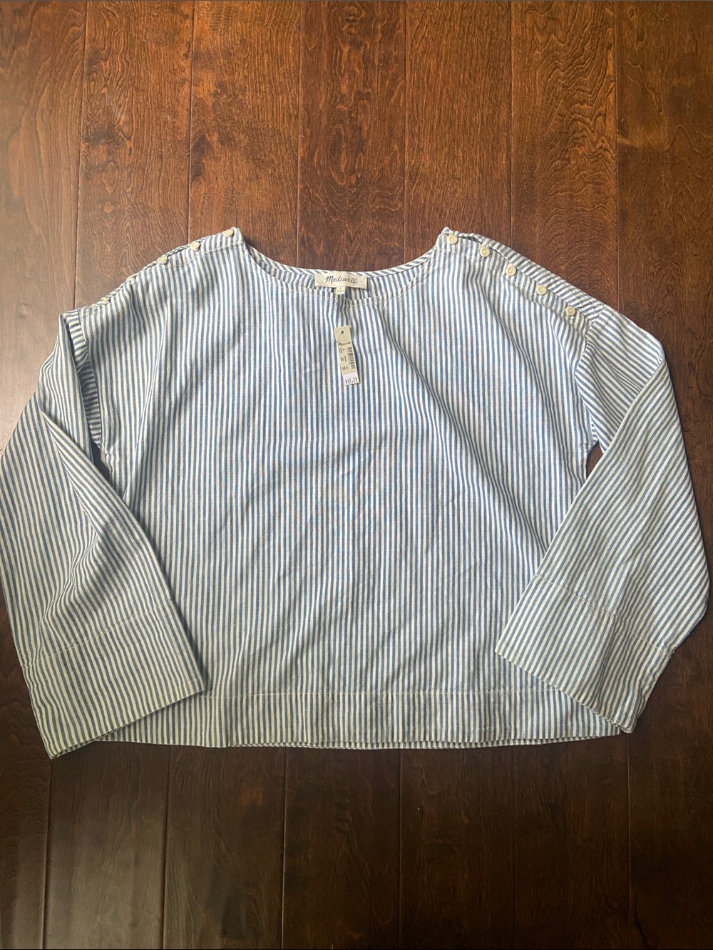 Madewell Shirt Women’s L White Blue Stripe Blouse Buttons Shoulder Long sleeve